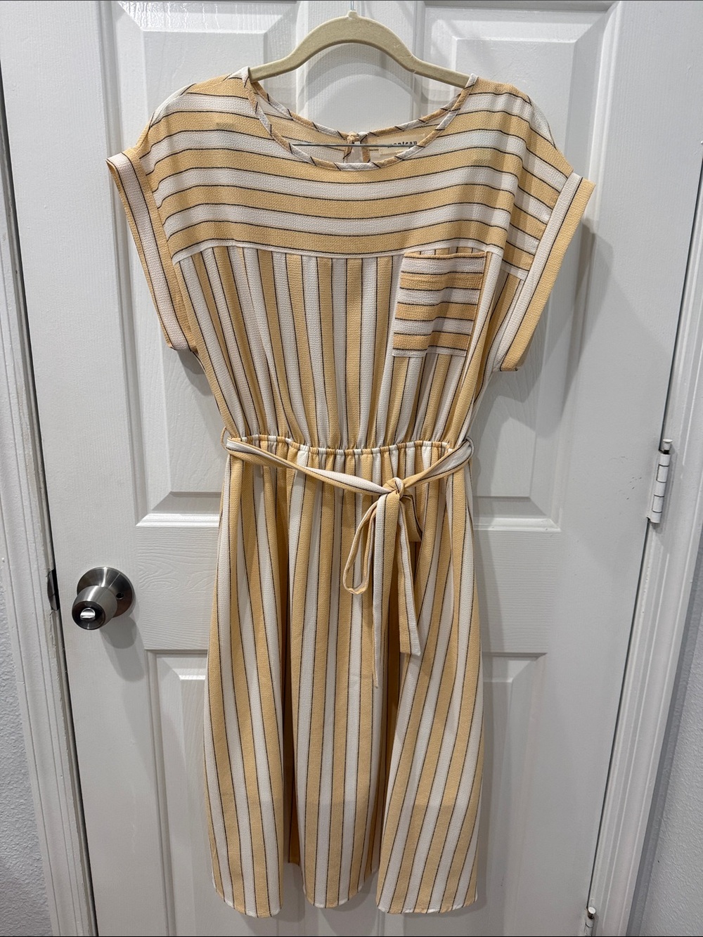 Monteau Yellow & White Striped Tie-Waist Midi Dress